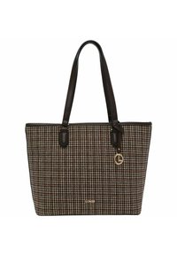 Torebkowa torebka utkana w brązowo-kremowy wzór w kratkę houndstooth, z ciemnobrązowymi skórzanymi akcentami i dwoma długimi uchwytami. Złoty detal z logo z przodu.