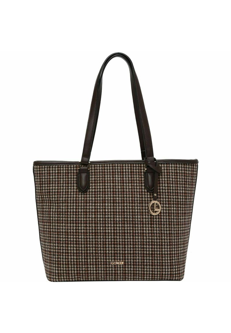 Torebkowa torebka utkana w brązowo-kremowy wzór w kratkę houndstooth, z ciemnobrązowymi skórzanymi akcentami i dwoma długimi uchwytami. Złoty detal z logo z przodu.