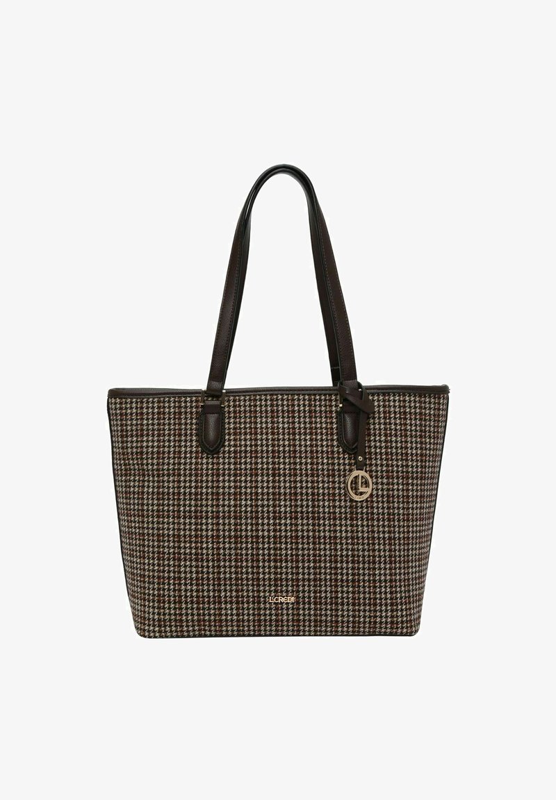 Torebkowa torebka utkana w brązowo-kremowy wzór w kratkę houndstooth, z ciemnobrązowymi skórzanymi akcentami i dwoma długimi uchwytami. Złoty detal z logo z przodu.