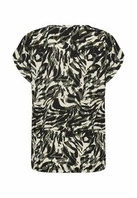 T-shirt à manches courtes en tissu léger avec un imprimé animalier abstrait noir et vert, à coupe décontractée et ourlet arrondi.