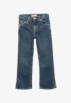 Vaqueros de denim azul para niños, con un diseño clásico de cinco bolsillos, corte recto con aberturas laterales en el dobladillo y cierre de botón.