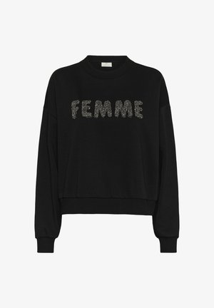 Čierna mikina s dlhými rukávmi, s rebrovanými manžetami a spodným lemom, s nápisom "FEMME" v texturovom striebornom trblietavom prevedení naprieč hrudníkom.