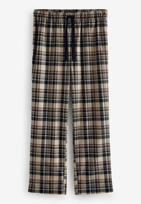 Plaid pajama pants featuring a beige, black, and navy color scheme, with a soft texture and an elastic waistband with drawstring.
