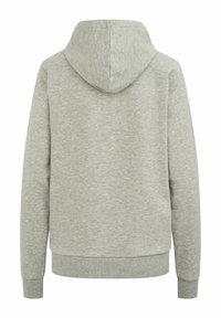 Grå sweatshirt med huva, med en mjuk textur, långa ärmar och ribbade cuffs och nederkant. Enfärgad design utan mönster eller accenter.