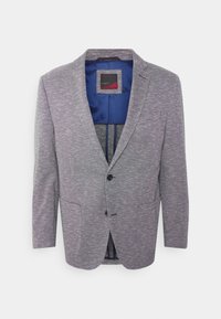 Grå texturerad herrblazer med kavajslag, två knappar, fickor med lappar och blå satinfodring synlig inuti.