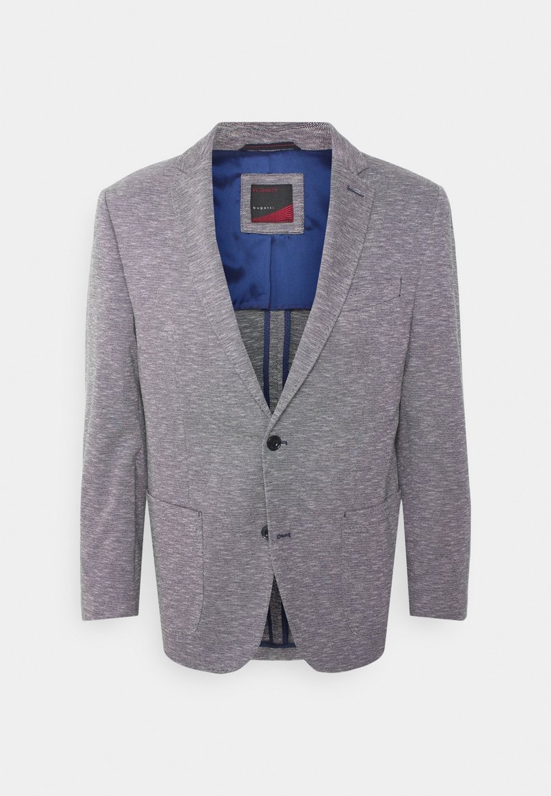 Grå texturerad herrblazer med kavajslag, två knappar, fickor med lappar och blå satinfodring synlig inuti.