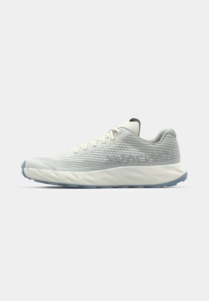 Light gray sports shoe with textured upper, sleek design, rounded toe, and contrasting light blue sole. Features subtle branding on the side.