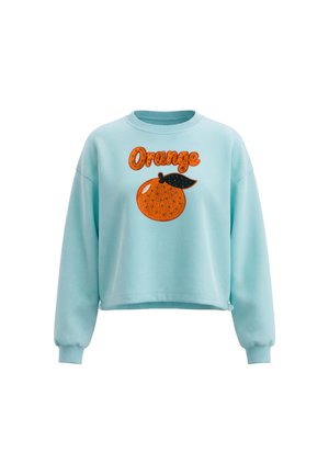 Lyseblå langærmet sweatshirt med appelsingrafik og ordet "Orange" broderet i orange bogstaver på forsiden.