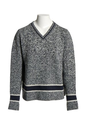 Pull en maille chiné gris et blanc avec des rayures bleu foncé et blanc aux poignets et à l'ourlet, col en V.