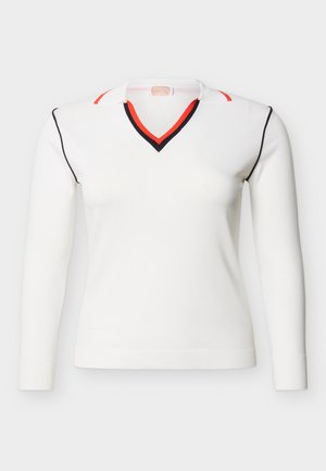 White long-sleeve V-neck sweater with black and red trim on collar, shoulders, and sleeve seams, displayed on a plain background.