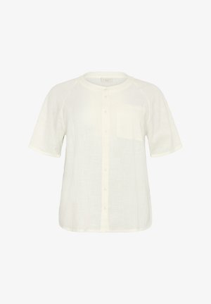 Balts lina īsām piedurknēm krekls ar apaļu apkakli, pogu aizdari, vienu krūtis kabatu un vieglu teksturētu rakstu.