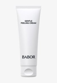 Tube blanche de crème exfoliante avec un capuchon à rabat, comportant un texte noir indiquant "CREME EXFOLIANTE DOUCE" et le logo "BABOR".