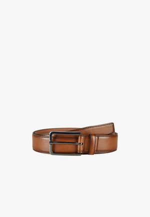 Brown leather belt coiled, featuring a dark metal rectangular buckle with a single prong on a white background.