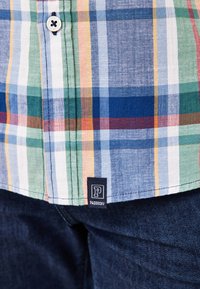 Kariertes Baumwollhemd mit blauen, grünen, roten und gelben Streifen, Knopfverschluss und Paddocks-Branding am Saum.