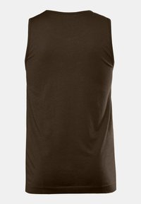 Brun ærmeløs tanktop med en glat, blød tekstur og minimalistisk design. Fremhæver en rund halsudskæring og lige kant i bunden.
