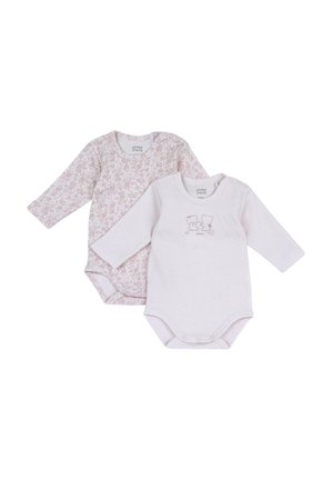 Deux bodies bébé à manches longues, l'un avec un imprimé floral rose, l'autre rose clair avec une petite illustration d'ours, tous deux avec fermeture pression.