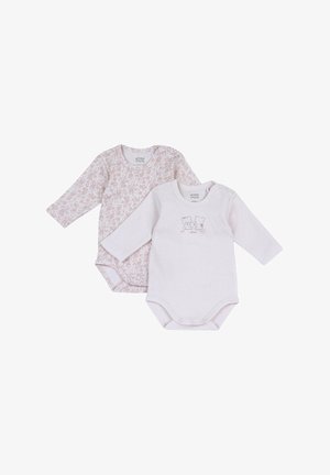 Deux bodies bébé à manches longues, l'un avec un imprimé floral rose, l'autre rose clair avec une petite illustration d'ours, tous deux avec fermeture pression.