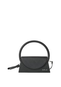 Borsa nera di forma strutturata con manico circolare, realizzata in materiale sintetico testurizzato. Dotata di chiusura con zip e dettaglio del logo.