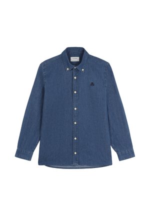 Camisa de denim en azul oscuro, de manga larga, con cuello abotonado, botones delanteros, presenta un pequeño logo bordado en el pecho.