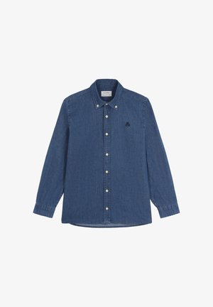 Denim shirt in donkerblauw, lange mouwen, met knoopsluiting, knoopdown-kraag, vooraan knopen, met een klein geborduurd logo op de borst.