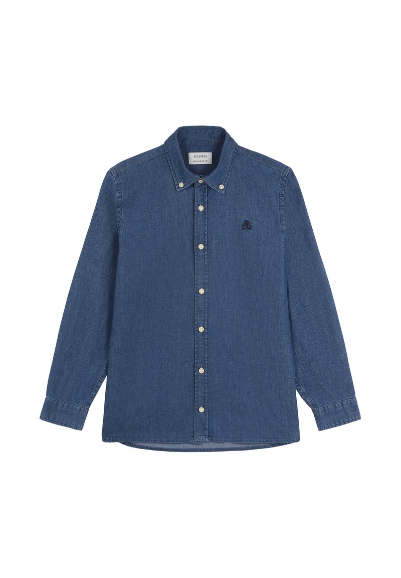 Camicia in denim di colore blu scuro, maniche lunghe, colletto a bottone, con bottoni frontali, presenta un piccolo logo ricamato sul petto.