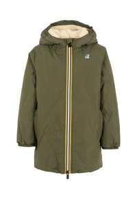 Giacca con cappuccio verde oliva, con chiusura a zip frontale, foderata in pile, con polsini elastici e dettagli multicolori sulla zip.