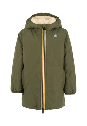 Giacca con cappuccio verde oliva, con chiusura a zip frontale, foderata in pile, con polsini elastici e dettagli multicolori sulla zip.