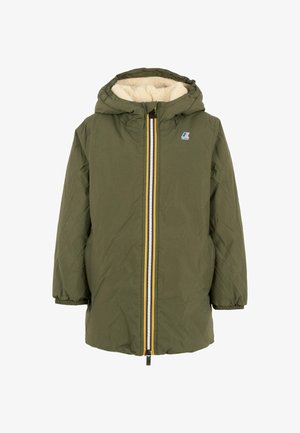 Giacca con cappuccio verde oliva, con chiusura a zip frontale, foderata in pile, con polsini elastici e dettagli multicolori sulla zip.