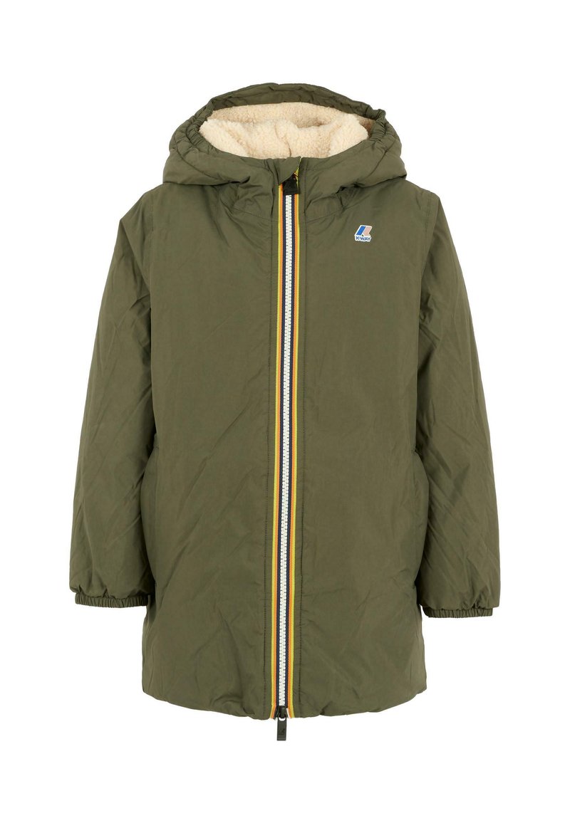 Giacca con cappuccio verde oliva, con chiusura a zip frontale, foderata in pile, con polsini elastici e dettagli multicolori sulla zip.