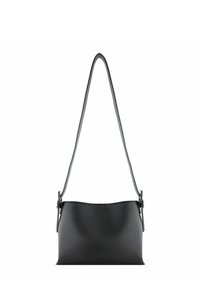 Borsa a spalla in pelle nera con una texture liscia, design minimalista, tracolla regolabile e un'ampia apertura nella parte superiore.