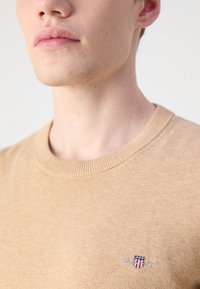 Beige, kötött pulóver bordázott kerek nyakkal. Kicsi, hímzett logóval a mellrészen. Diszkrét textúrájú és könnyű kialakítású.