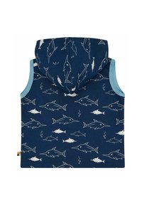Marinefarbener ärmelloser Kapuzenpullover mit weißem Fischmuster, hellblauen Akzenten und einer Kapuze. Weicher Stoff mit einem lässigen Design, ausgestattet mit kleinen Blasendetails.