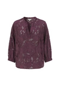 Doorzichtige paarse kanten blouse met een V-hals, driekwartmouwen en elastische manchetten, met daarop intrigerende bloemenpatronen.