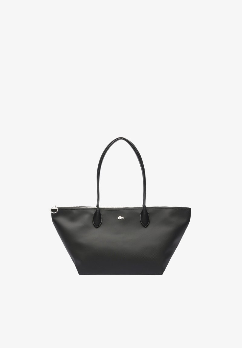 Sac fourre-tout en cuir noir avec deux anses fines, fermeture éclair argentée et petit logo crocodile argenté centré à l'avant.