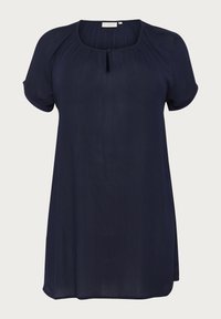 Blusa blu navy a maniche corte con scollo a barchetta, dettaglio arricciato e piccola apertura a chiave sulla parte anteriore. Tessuto leggero e fluido.