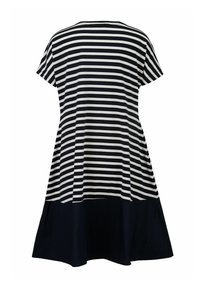 Gestreiftes Kleid mit horizontalen weißen und marineblauen Streifen, ausgestellter Form, kurzen Ärmeln und einem einfarbigen marineblauen Saum am unteren Ende.