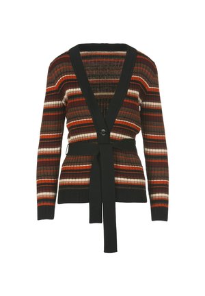 Striped cardigan in rust, black, and cream. Features a deep V-neck, ribbed texture, button closure, and a tied belt at the waist.