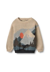 Neulepaita beige-värissä, jossa on sininen, vihreä ja ruosteinen vuori- ja aurinkokuva. Sisältää ribbejä löytää kaula-aukossa ja hihoissa. Pehmeä tekstuuri.
