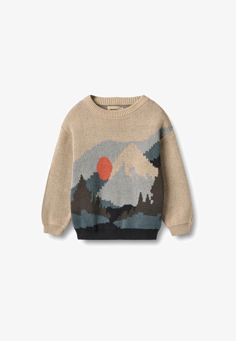 Gebreide trui in beige met een berg- en zonpatroon in blauw, groen en roest. Beschikt over een geribbelde ronde hals en manchetten. Zachte textuur.