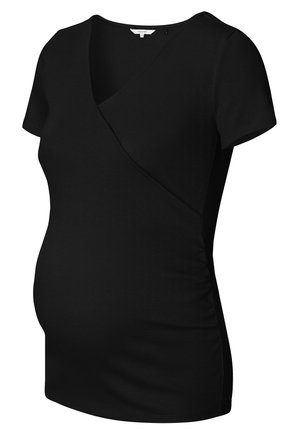 Black maternity top with ribbed texture, short sleeves, a crossover V-neck design, and gathered side for added comfort and fit.