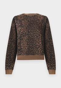 Pulôver de manga longa com estampa de leopardo castanho e preto, com punhos, decote e bainha canelados, sobre um fundo branco.