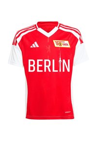 Maglia da calcio a maniche corte rossa e bianca con scollatura a V, caratterizzata dal testo "BERLINO" e dai loghi del 1. FC Union e della Torre della Televisione di Berlino.