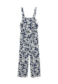 Combinaison sans manches bleu marine à jambes larges, imprimé floral blanc, encolure carrée, et ceinture en tissu assorti à la taille.
