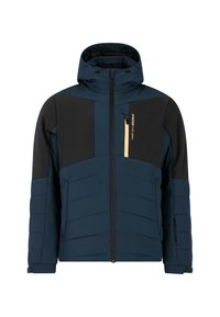 Blauwe en zwarte geïsoleerde jas met capuchon, voorzien van een voorruitrits, horizontale naden en een gele accentzak op de borst.