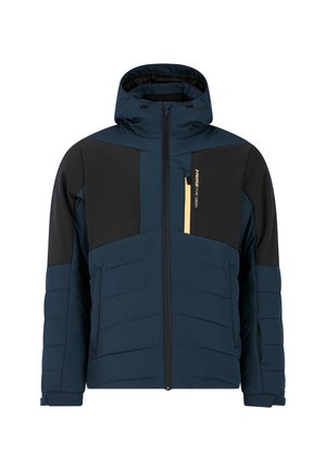 Blauwe en zwarte geïsoleerde jas met capuchon, voorzien van een voorruitrits, horizontale naden en een gele accentzak op de borst.