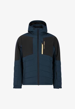 Blaue und schwarze isolierte Jacke mit Kapuze, ausgestattet mit einem Frontreißverschluss, horizontalen Nähten und einer gelben Akzenttasche auf der Brust.