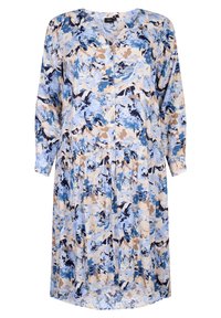 Květinové šaty s kombinací modré, béžové a černé barvy. Vyrobené z lehké tkaniny, s dlouhými rukávy a nařaseným pasem.