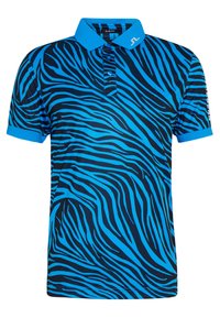 Blå och svart zebra-randig slim fit polo skjorta med blå krage, tre knappar och logotyp på kragen och ärmen.