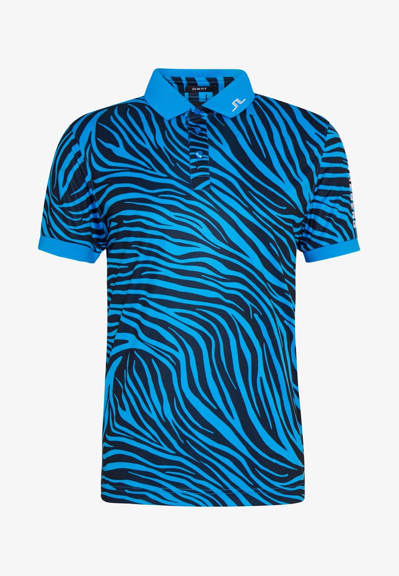 Blue and black zebra-striped slim fit polo shirt with blue collar, three buttons, and logo on the collar and sleeve.