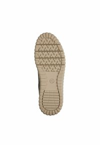 Semelle de chaussure en caoutchouc marron avec un motif de bande de roulement texturé pour une meilleure adhérence. Présente un bord nervuré et un emblème circulaire près du talon.